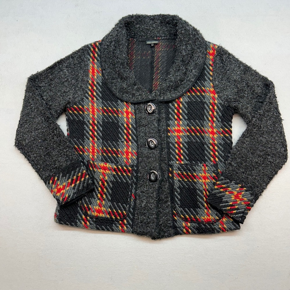 Coco + Carmen Plaid Wool Mohair Blend Cardigan Sweater Gray Red L/XL